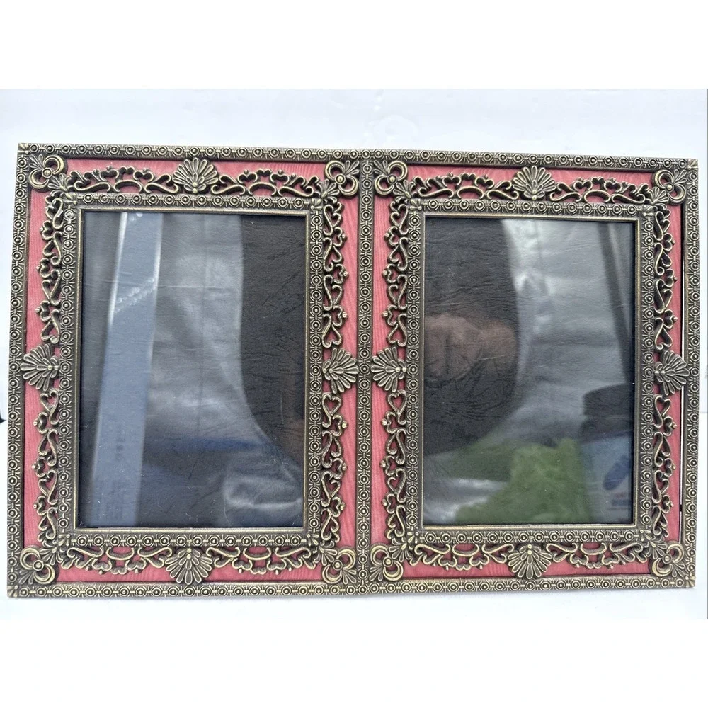 Vtg Ornate Double Brass Metal Photo Picture Frame Velvet Back Stand Alone Heavy